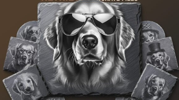 Personalized Golden Retriever Slate Coaster - Custom Engraved Pet Portrait Decor