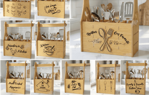 Personalized Wooden Kitchen Utensil Holder with Handle - Custom Engraved Farmhouse Caddy Organizer