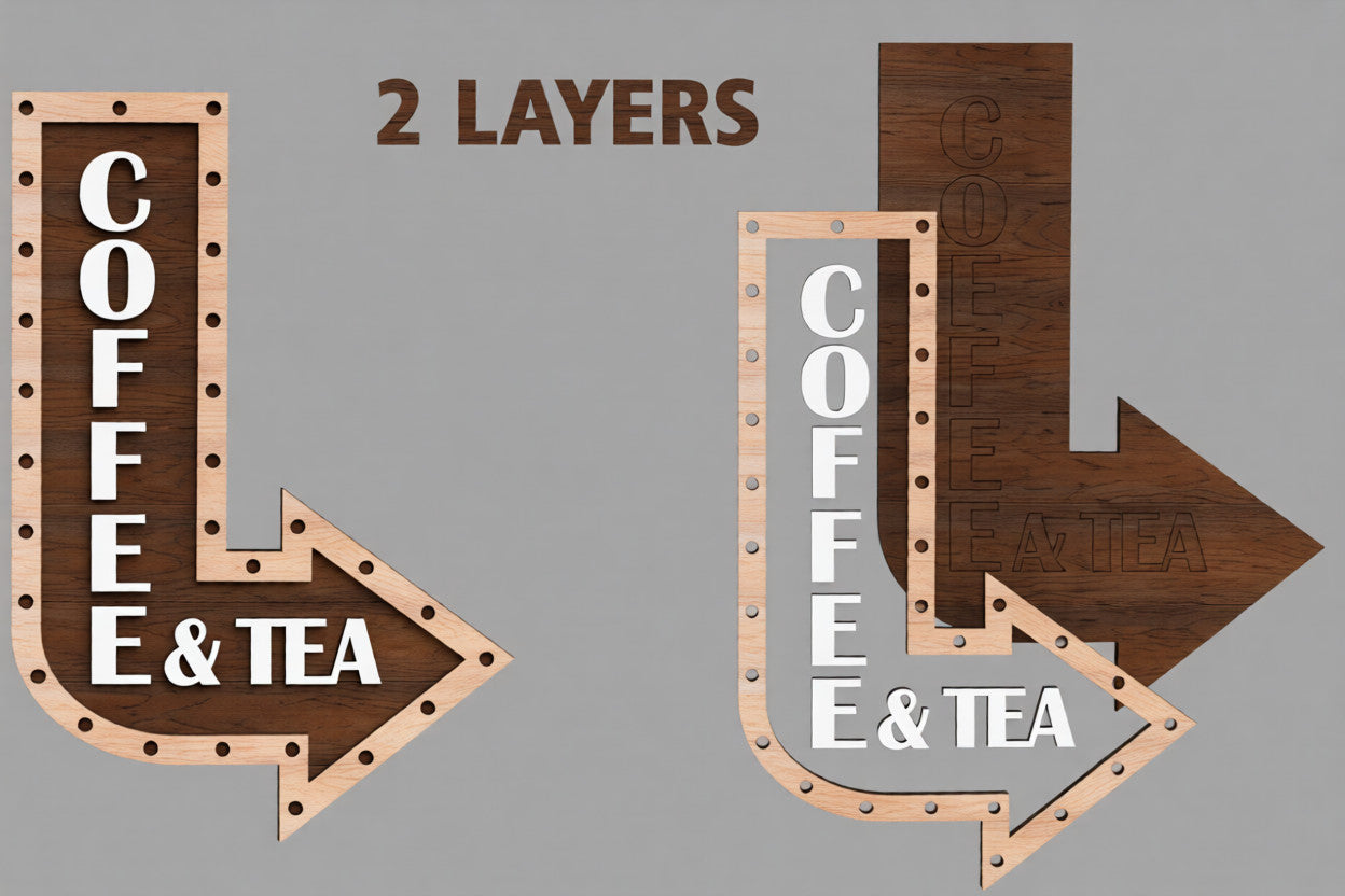 Personalized Wooden Coffee & Tea Arrow Sign - Custom 3D Layered Kitchen Wall Decor