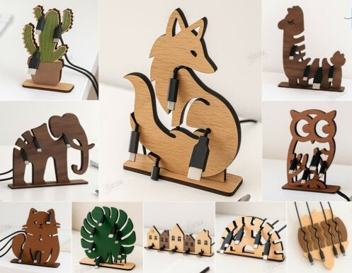 Personalized Wooden Animal Cable Organizer - Custom Engraved Desktop Cord & Wire Holder