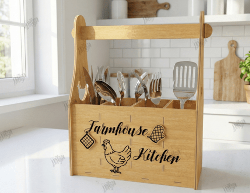 Personalized Wooden Kitchen Utensil Holder with Handle - Custom Engraved Farmhouse Caddy Organizer