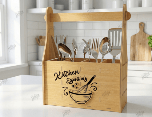 Personalized Wooden Kitchen Utensil Holder with Handle - Custom Engraved Farmhouse Caddy Organizer