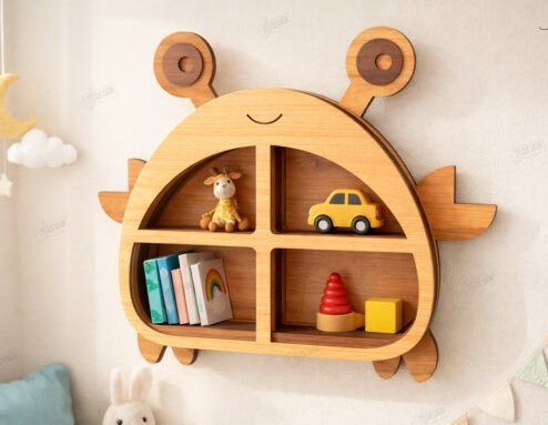 Personalized Kids Room Floating Shelves - Custom 3D Wooden Shape Wall Storage & Nursery Decor