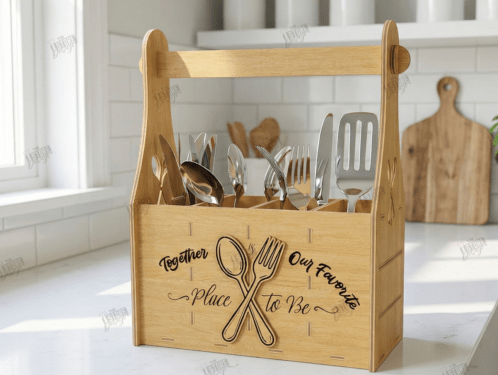 Personalized Wooden Kitchen Utensil Holder with Handle - Custom Engraved Farmhouse Caddy Organizer