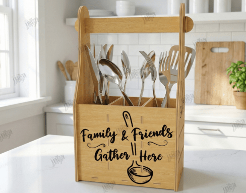 Personalized Wooden Kitchen Utensil Holder with Handle - Custom Engraved Farmhouse Caddy Organizer