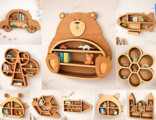 Personalized Kids Room Floating Shelves - Custom 3D Wooden Shape Wall Storage & Nursery Decor