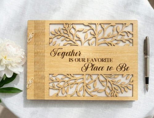 Personalized Elegant Wooden Wedding Guest Book - Custom Engraved Memory Album & Photo Journal