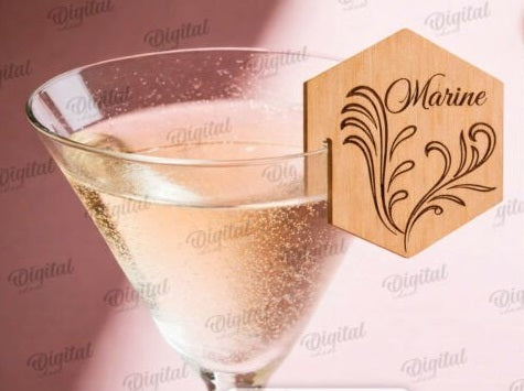 Personalized Wooden Glass Tags - Custom Engraved Hexagon Drink Markers for Weddings & Parties