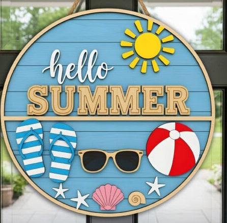 Personalized "Hello Summer" Round Door Sign - Custom 3D Layered Beach House Decor