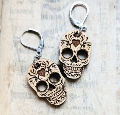 Handcrafted Sugar Skull Earrings - Custom Laser Cut Day of the Dead & Halloween Jewelry