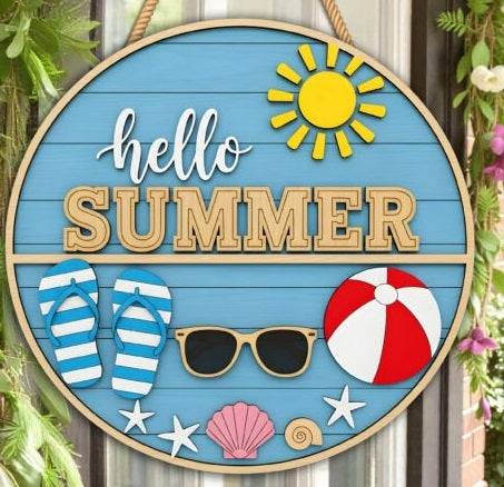Personalized "Hello Summer" Round Door Sign - Custom 3D Layered Beach House Decor