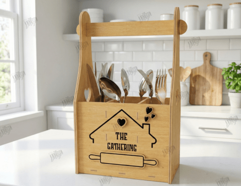 Personalized Wooden Kitchen Utensil Holder with Handle - Custom Engraved Farmhouse Caddy Organizer