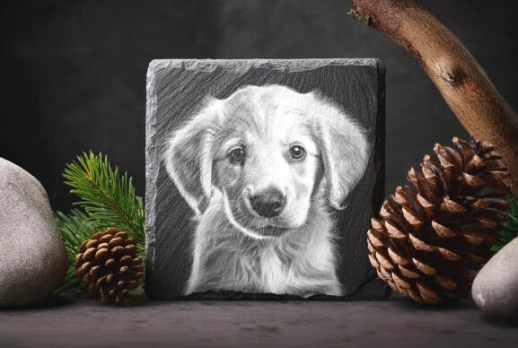 Personalized Golden Retriever Slate Coaster - Custom Engraved Pet Portrait Decor