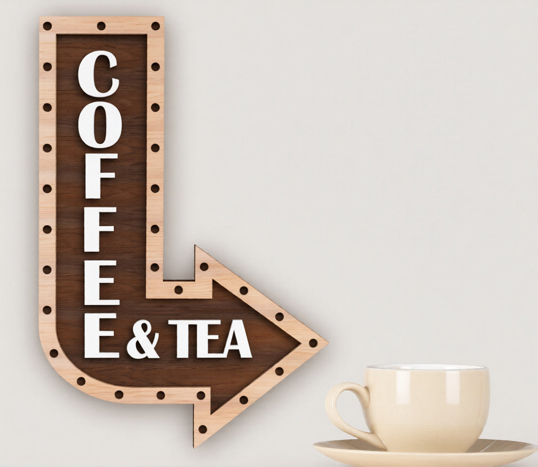 Personalized Wooden Coffee & Tea Arrow Sign - Custom 3D Layered Kitchen Wall Decor
