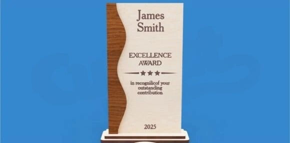 Personalized Modern Wave Excellence Trophy - Custom Engraved Wood Recognition Award