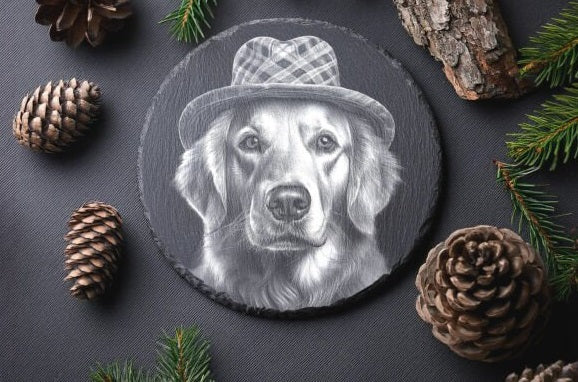 Personalized Golden Retriever Slate Coaster - Custom Engraved Pet Portrait Decor