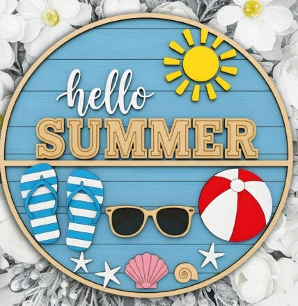 Personalized "Hello Summer" Round Door Sign - Custom 3D Layered Beach House Decor