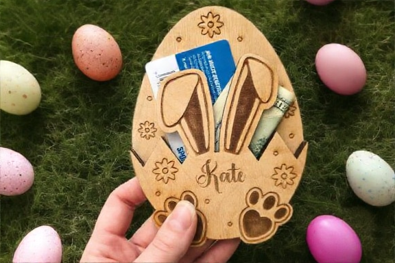 Personalized Wooden Easter Bunny Money & Gift Card Holder - Custom Easter Basket Stuffer