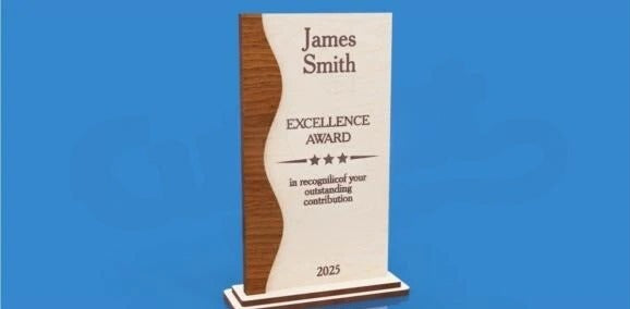 Personalized Modern Wave Excellence Trophy - Custom Engraved Wood Recognition Award