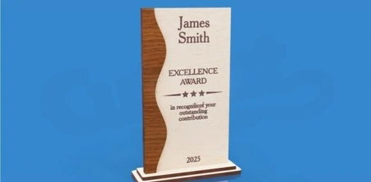Personalized Modern Wave Excellence Trophy - Custom Engraved Wood Recognition Award