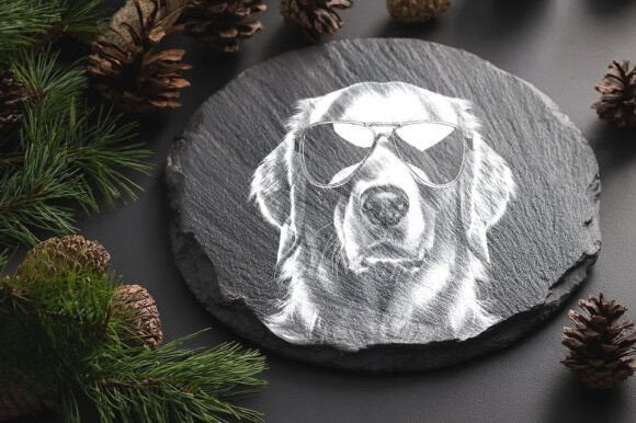 Personalized Golden Retriever Slate Coaster - Custom Engraved Pet Portrait Decor