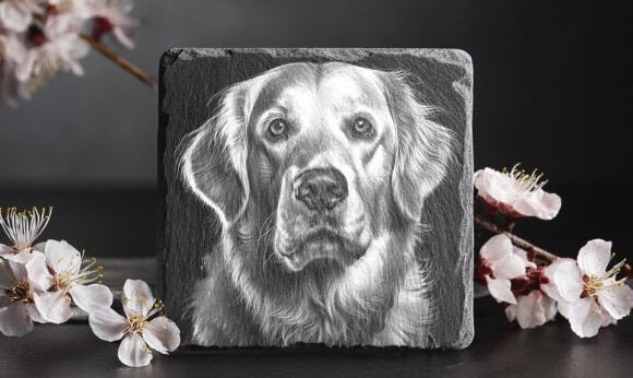 Personalized Golden Retriever Slate Coaster - Custom Engraved Pet Portrait Decor