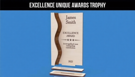 Personalized Wavy Inlay Excellence Trophy - Custom Modern Wood Recognition Award