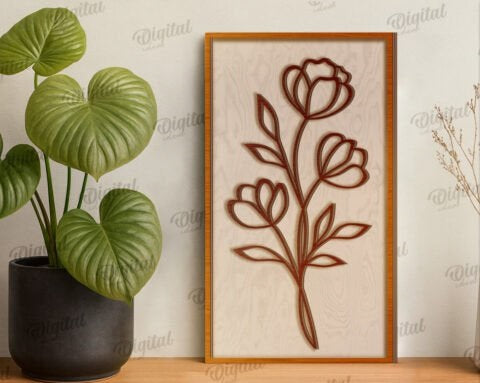 Personalized Botanical Line Art Wooden Wall Decor - Custom Minimalist 3D Floral Wall Art