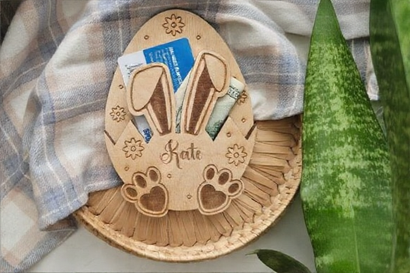 Personalized Wooden Easter Bunny Money & Gift Card Holder - Custom Easter Basket Stuffer