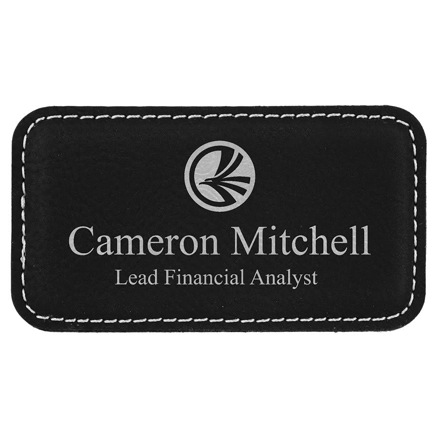 Black/Silver 3 1/4" x 1 3/4" Laserable Leatherette Badge Blank with Magnet