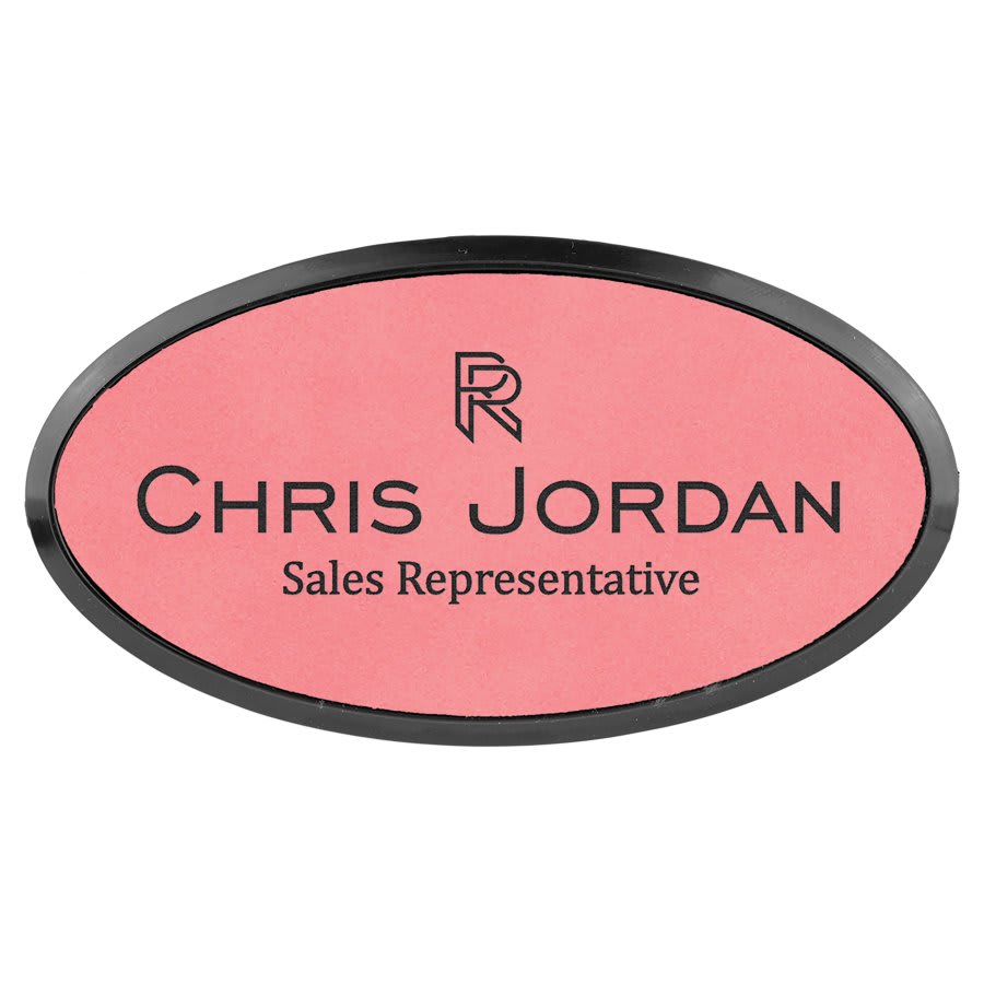 Pink 3" x 1 1/2" Laserable Leatherette Oval Badge & Frame