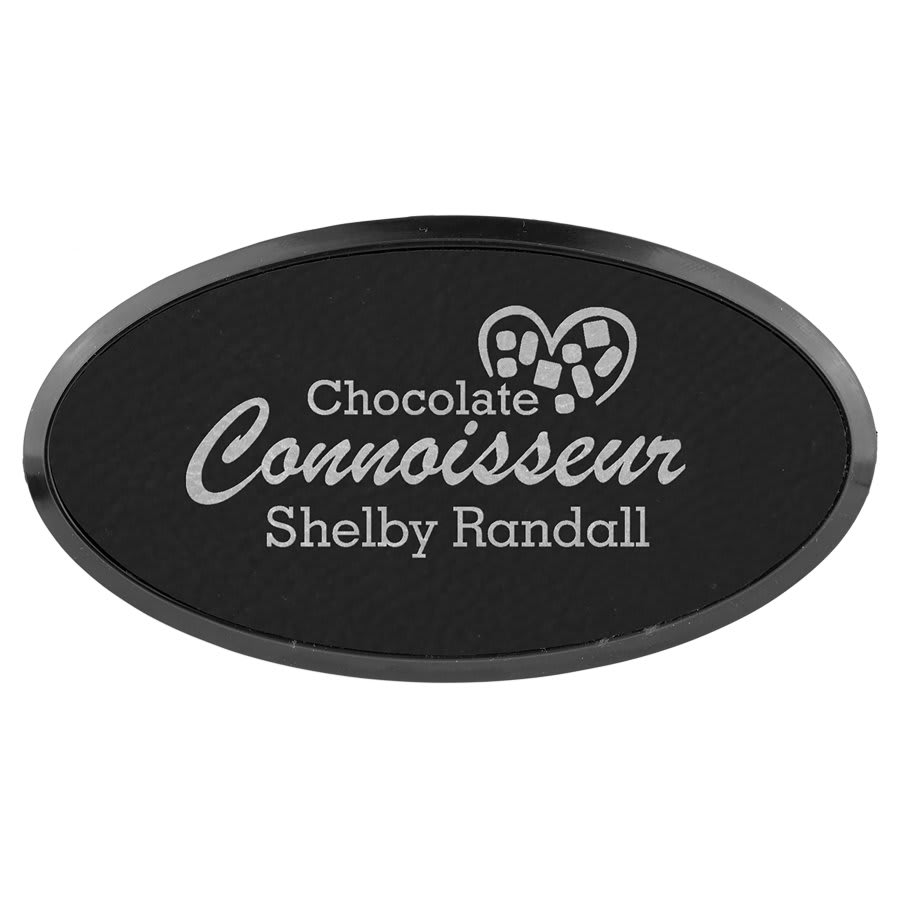 Black/Silver 3" x 1 1/2" Laserable Leatherette Oval Badge & Frame