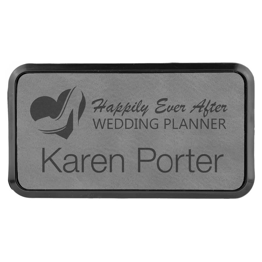 Gray 3" x 1 1/2" Laserable Leatherette Round Corner Badge & Frame