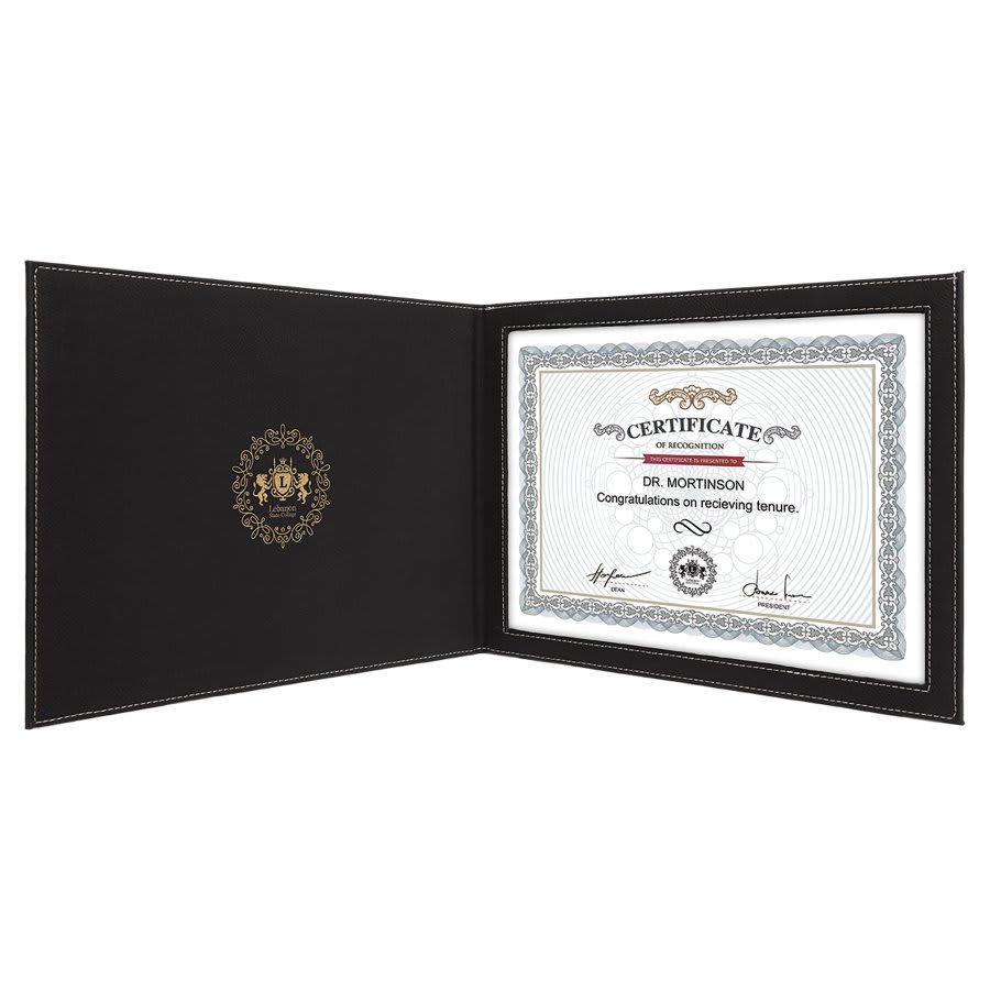 Black/Gold 9" x 12" Laserable Leatherette Certificate Holder for 8 1/2" x 11"