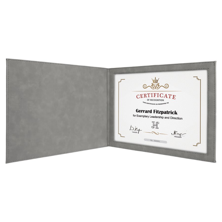 Gray 9" x 12" Laserable Leatherette Certificate Holder for 8 1/2" x 11"