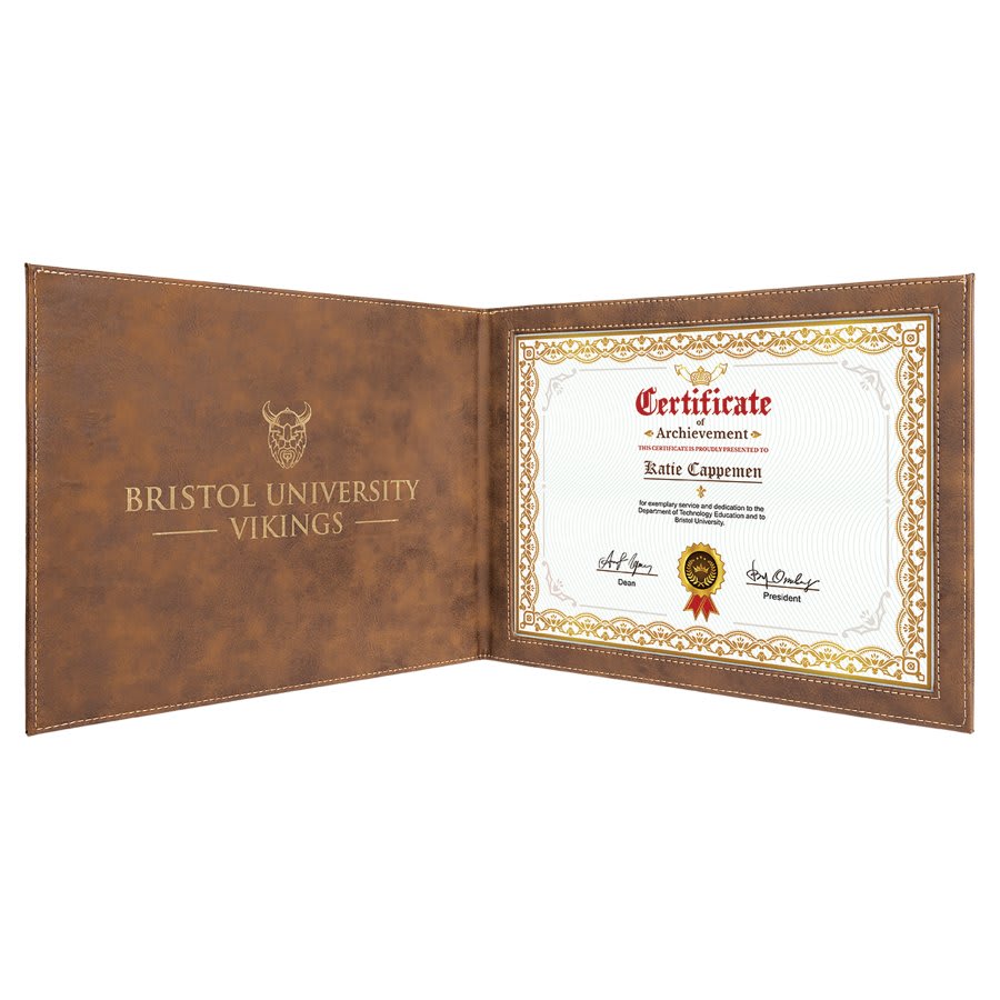 9" x 12" Rustic/Gold Laserable Leatherette Certificate Holder for 8 1/2" x 11"