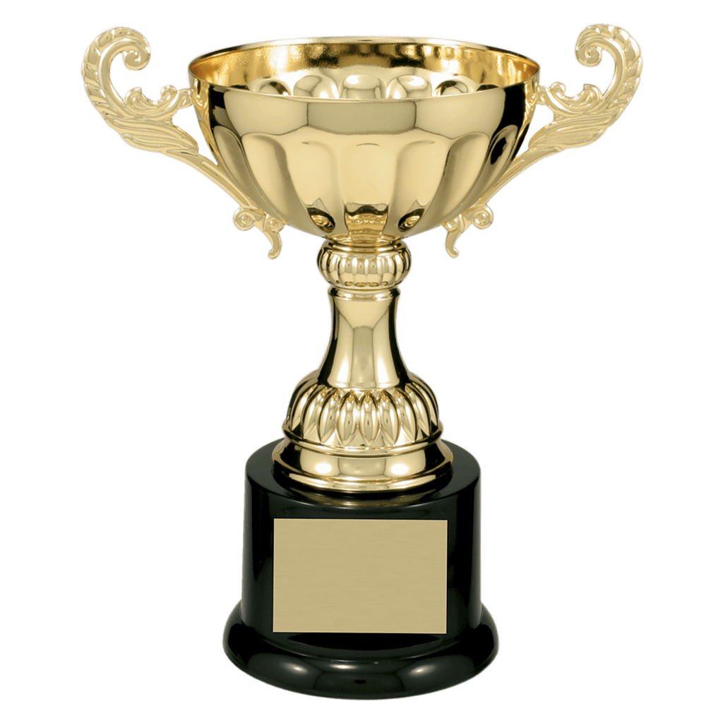 Gold 7 1/2" Completed Metal Cup Trophy on Plastic Base