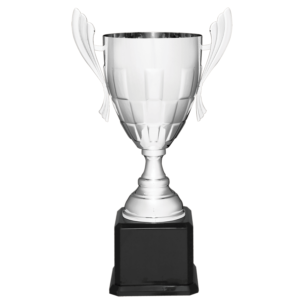 Silver Completed Metal Cup Trophy on Black Royal 22" Piano Finish Base