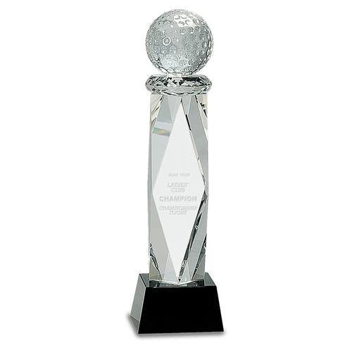 10 3/4" Clear Crystal Golf Ball on Facet Column w/Black Base