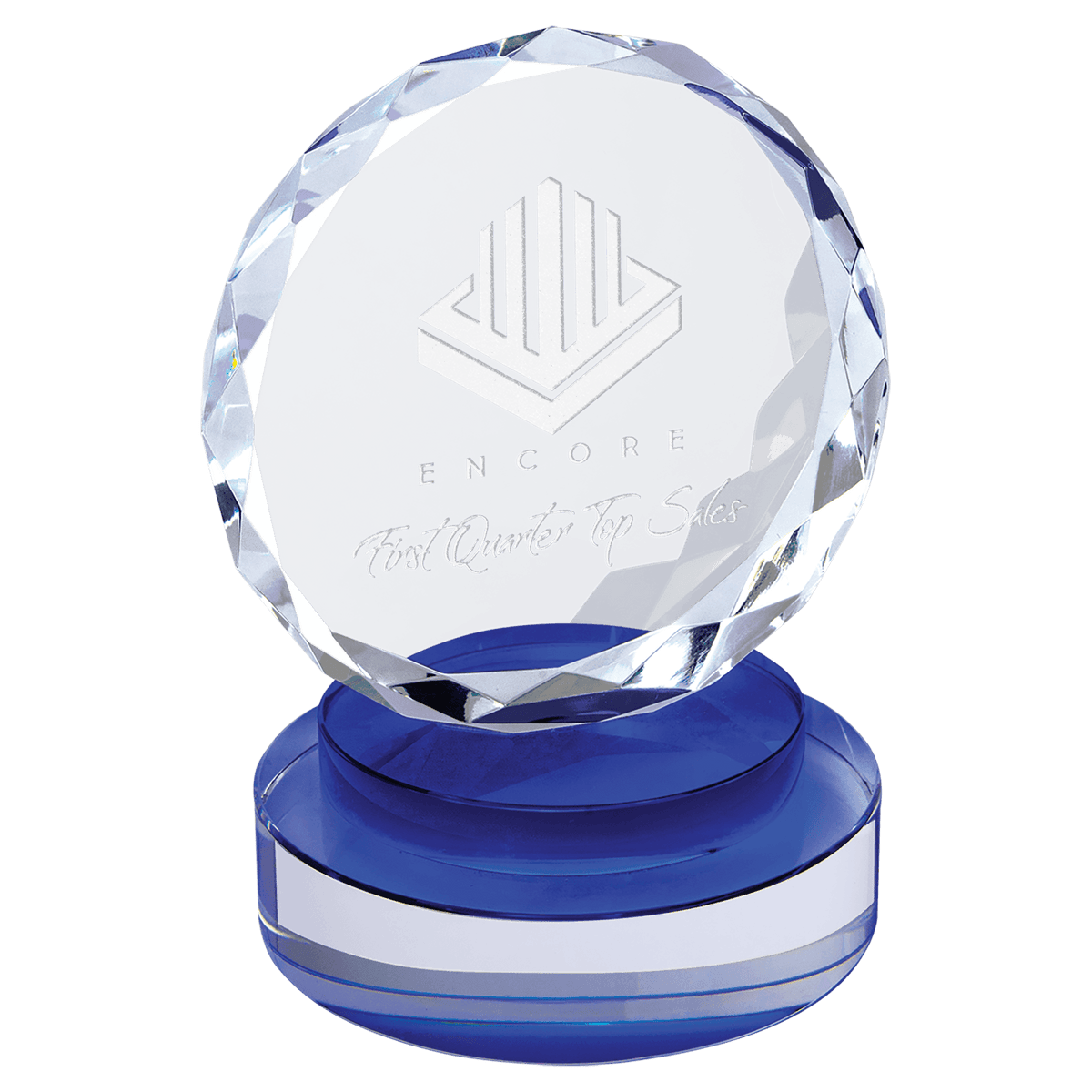 Blue & Clear 5" Round Facet Crystal on Round Base