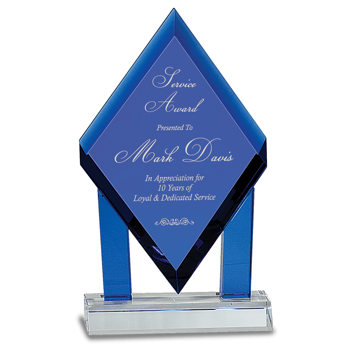 8 3/4" Blue Crystal Floating Diamond with Blue Columns on Clear Base