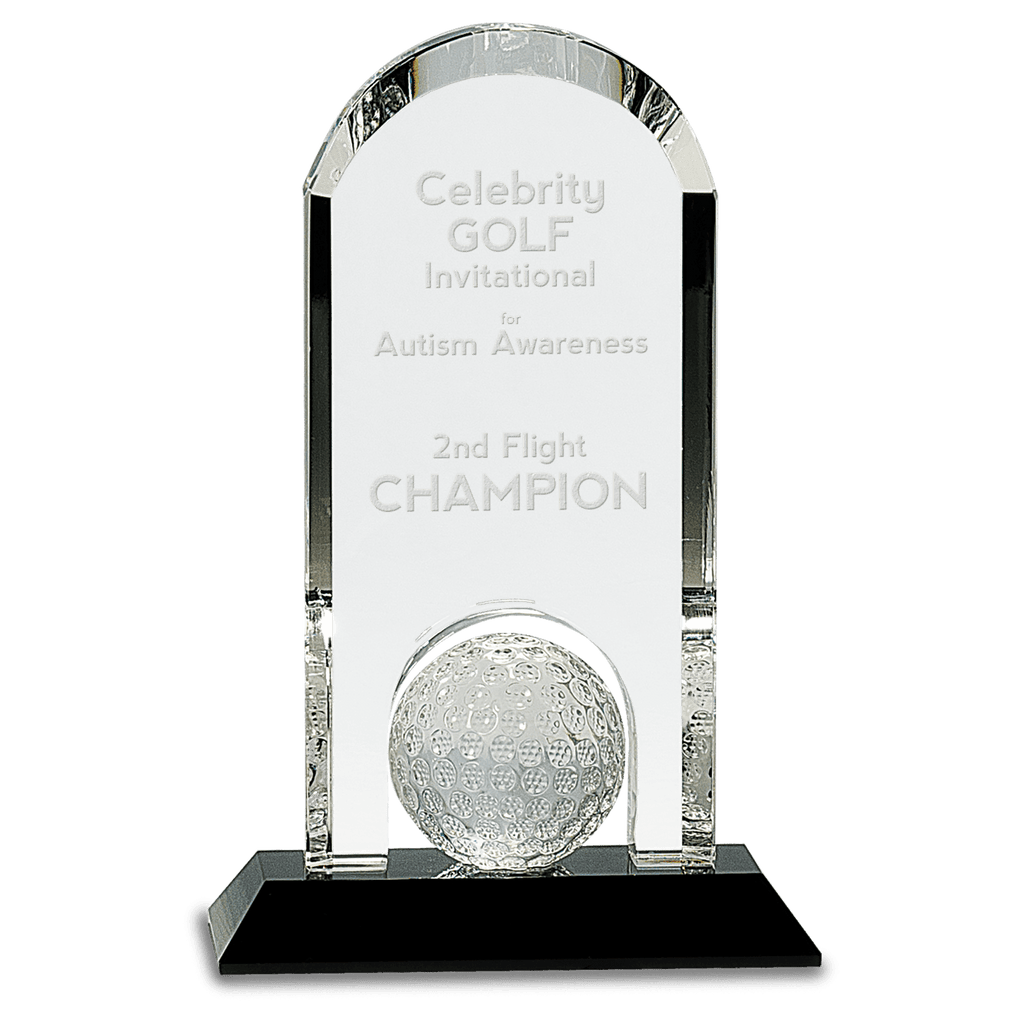 9" Clear Crystal Dome with Inset Golf Ball on Black Pedestal Base