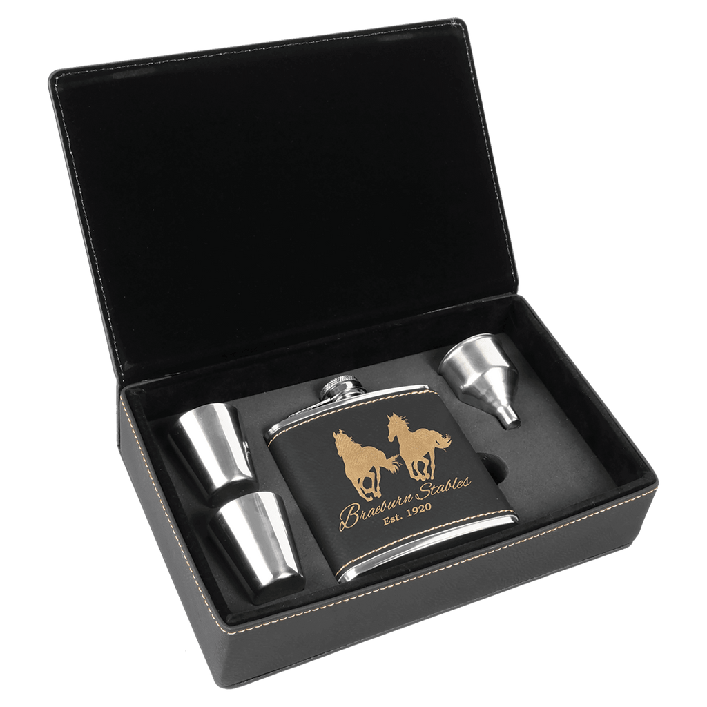 Black/Gold 6 oz. Laserable Leatherette Flask Gift Set