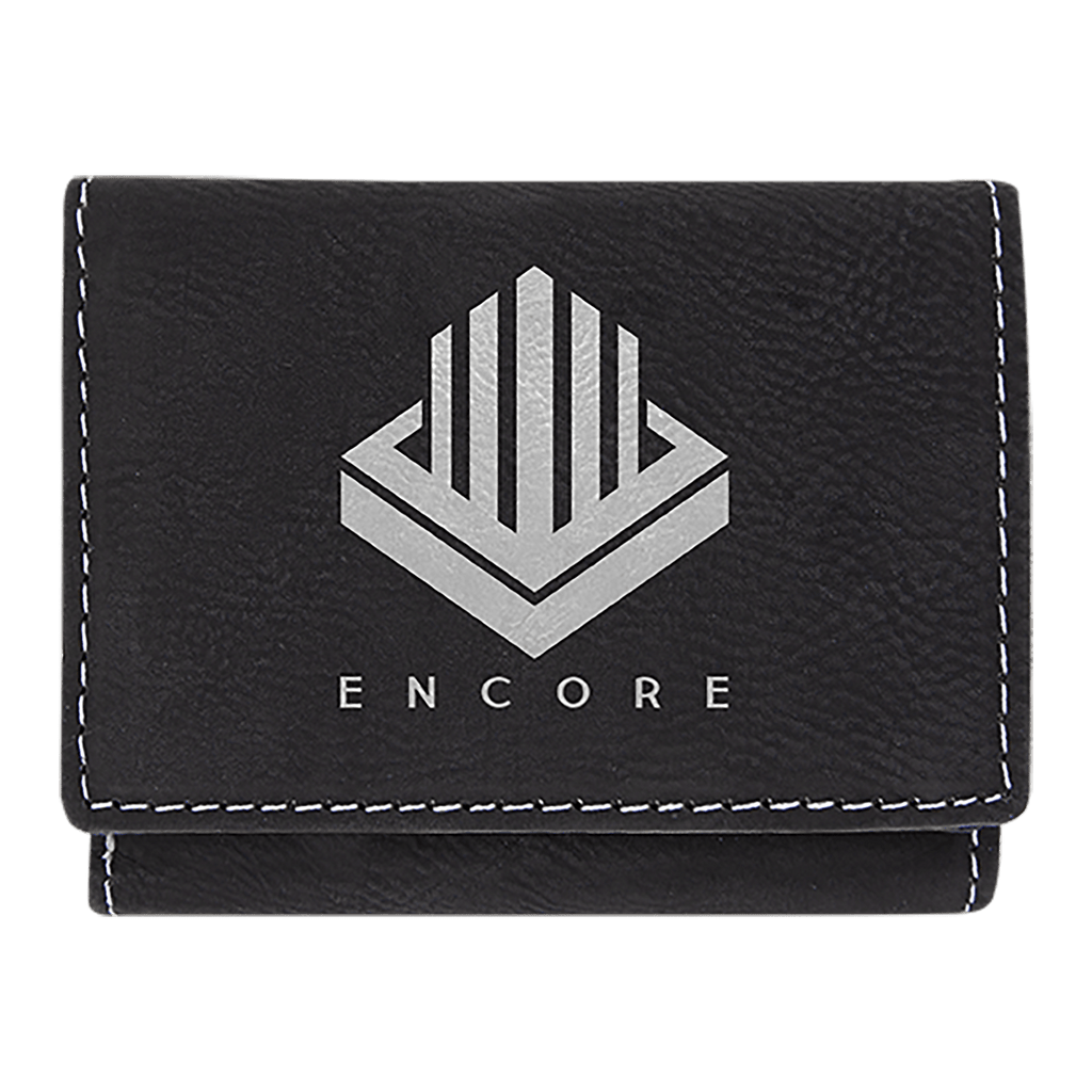 Black/Silver 3" x 4" Laserable Leatherette Trifold Wallet