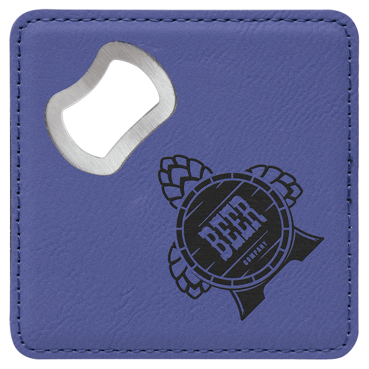 Purple 4" x 4" Square Laserable Leatherette Coaster with Bottle Opener
