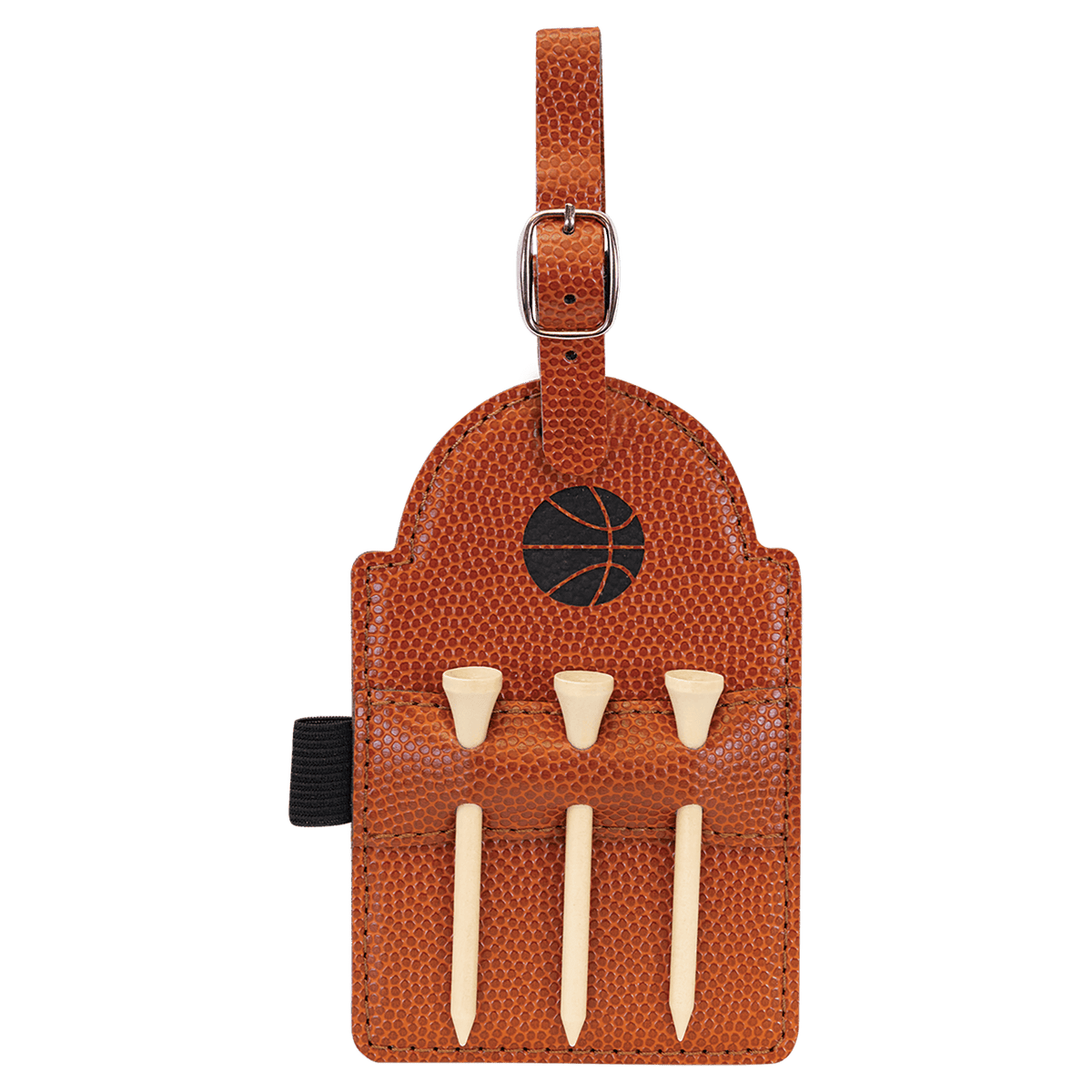 5" x 3 1/4" Basketball Laserable Leatherette Golf Bag Tag with 3 Wooden Tees