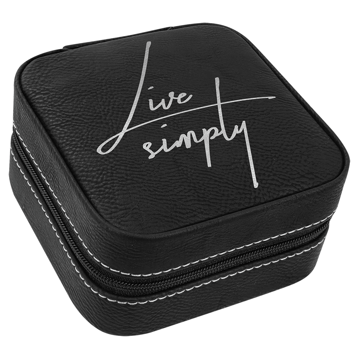 Black/Silver 4" X 4" Laserable Leatherette Travel Jewelry Box with Black Lining