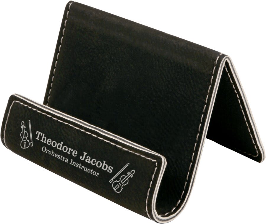 Black/Silver 3 1/2" x 2 1/2" Laserable Leatherette Holder Easel
