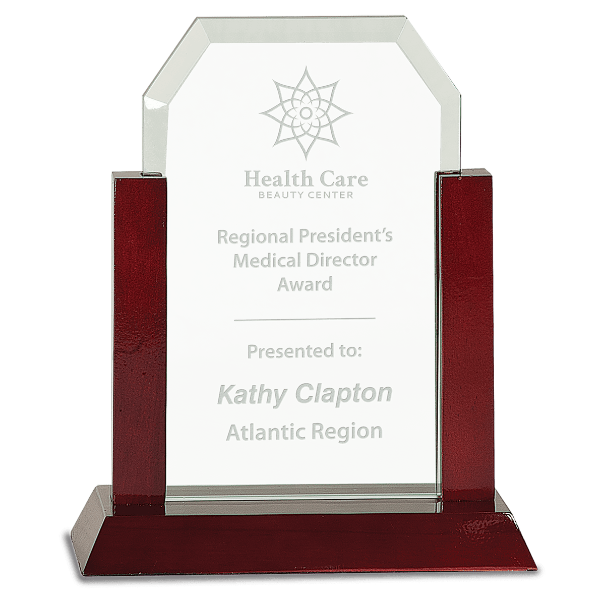 8" Gateway Jade Clip Corner Glass Award with Rosewood Finish Base