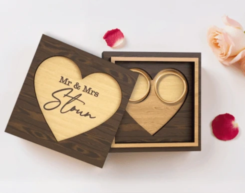 Personalized Wedding Ring Box - Custom Engraved Wooden Heart Ring Bearer Box